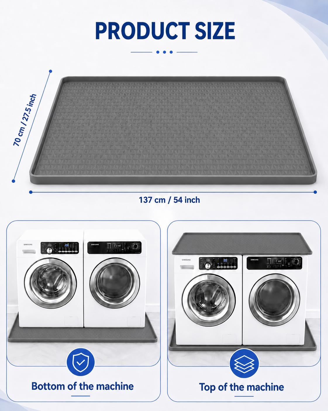 Washing Machine Drain Pan Silicone Mat for Under Dryer & Washer,X-Large 54"x27.5", 0.78” Raised Edge
