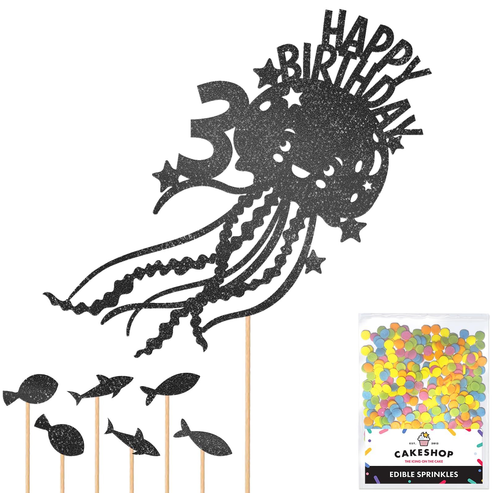 Personalised Birthday Jellyfish Glitter Cake Topper- Black Any Custom Name Glitter Cake Decoration and Sprinkles - Happy Birthday Decorations - Personalised Toppers for Cakes by Cakeshop — image 1