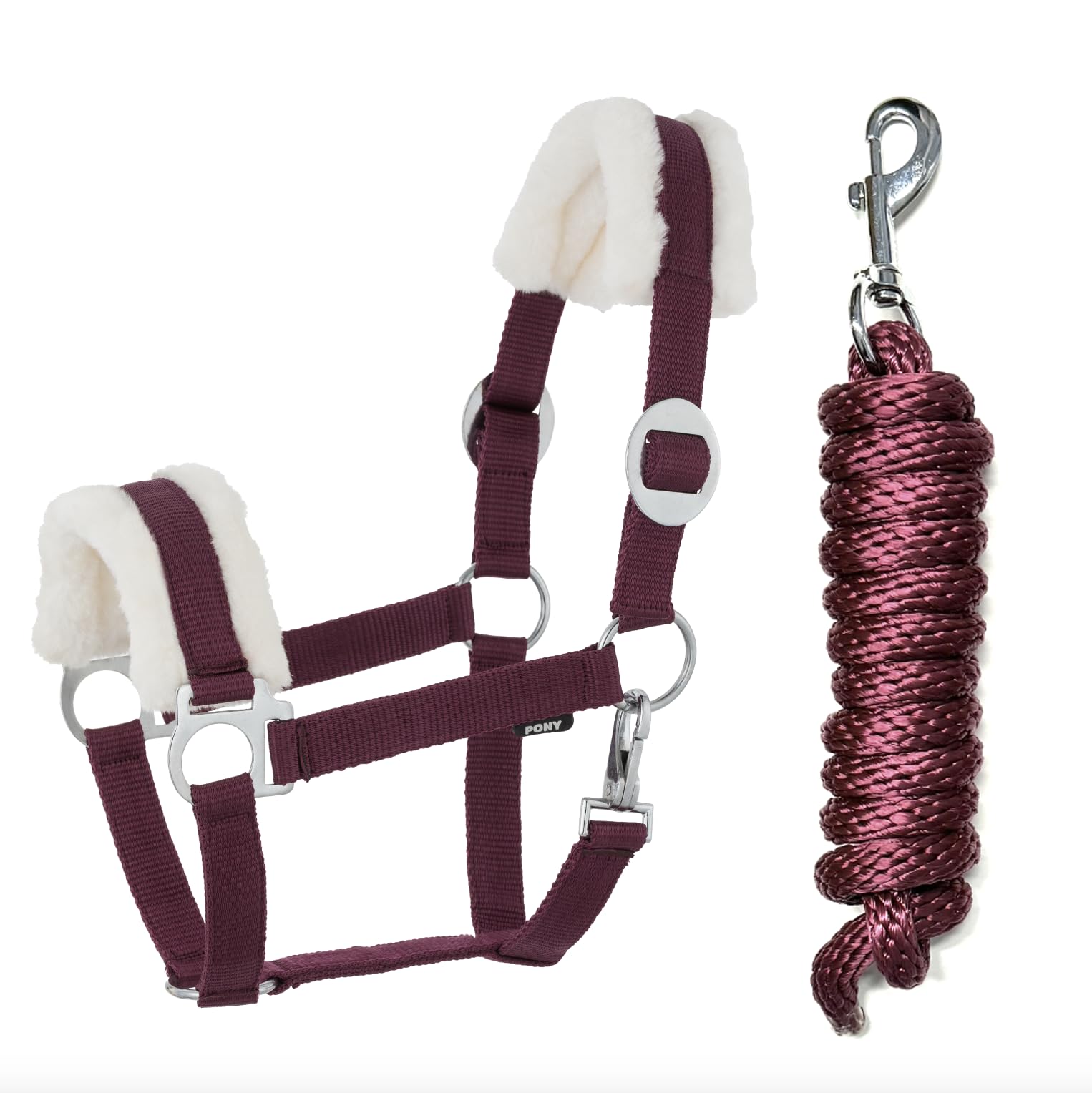 JA Horse Kunstfell Halfter Führstrick Set mit Karabinerhaken verstellbar Pferdehalfter Pferd Holzpferd Anbindestrick (Kunstfell Karabinerhaken Burgundy, Pony)