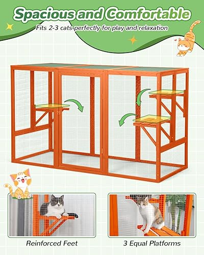 Miniatura 4 de Casa de madera para gatos, recinto para gatos al aire libre, jaula grande para gatos con 3 plataformas, puerta y techo de asfalto, corralito para