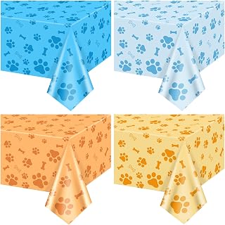 4 Pack Puppy Dog Paw Print Tablecloths, Blue Orange Paw Print and Bone Sign Dog Party Decorations for Pet Lets Pawty Party Supplies, 51 x 86 inch