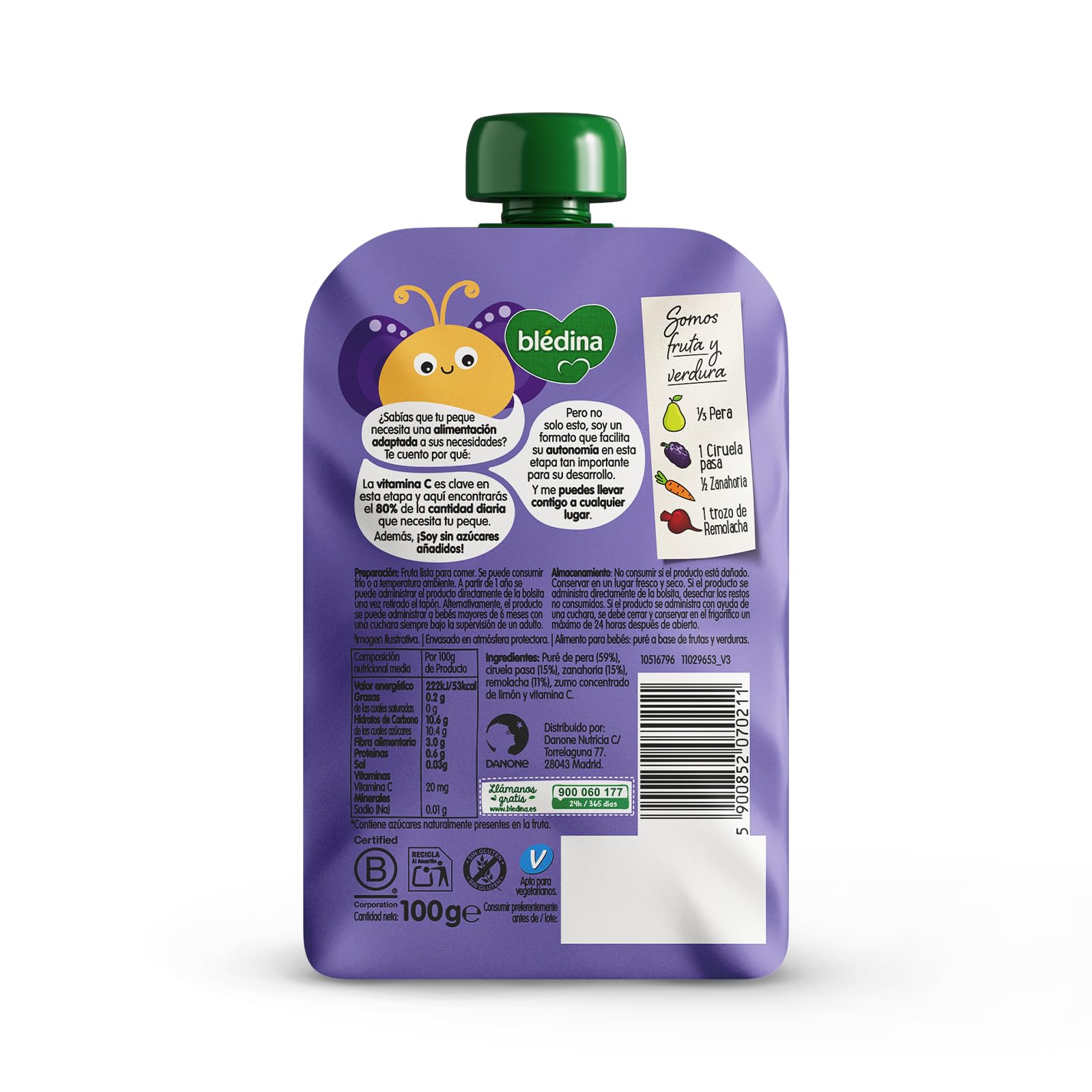 Blédina Bolsitas de Pera, Ciruela pasa, Zanahoria y Remolacha para Bebé Pouch 100% Fruta y Verdura Sin Azúcar Añadido Alto Contenido Vitamina C Fuente de Fibra Pack 6x100g