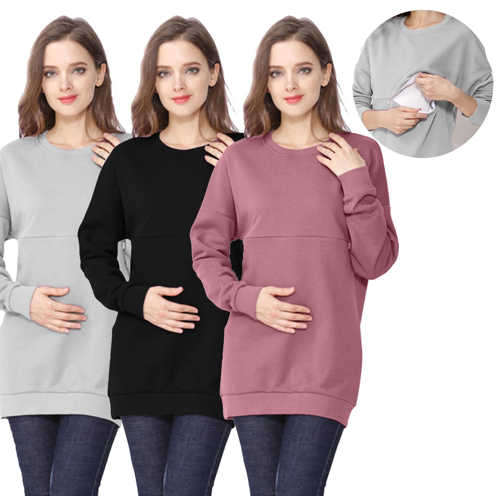 Camiseta de maternidad para mujer con cremallera de manga larga para lactancia, camiseta de lactancia, otoño e invierno, camiseta de manga larga, sudadera monocromática, camiseta de lactancia