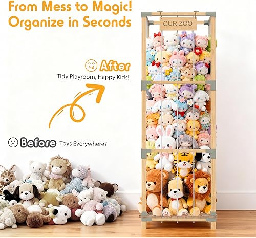 Miniatura 2 de Almacenamiento zoológico de animales de peluche de 200 litros, soporte extra grande de 3 niveles, torre de almacenamiento de peluches de bambú
