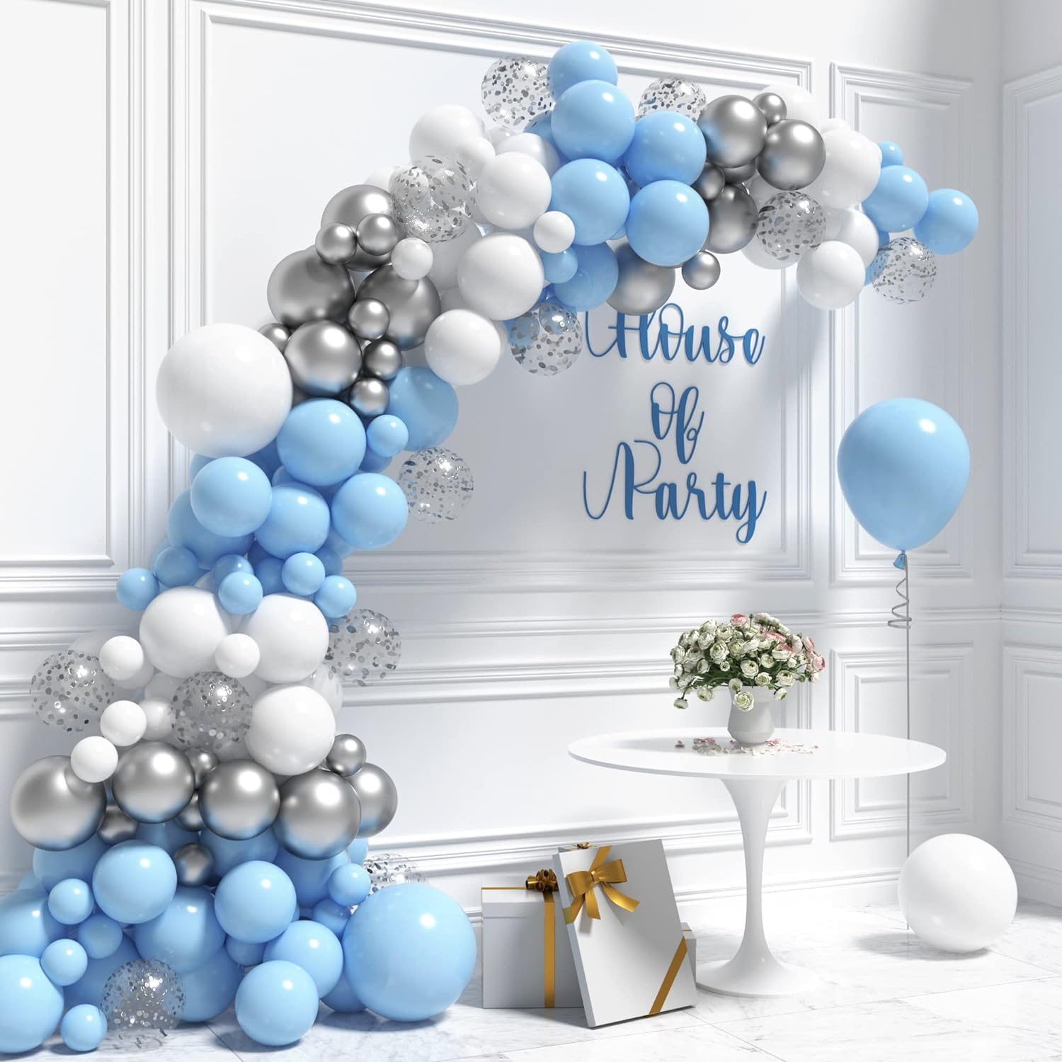 Balloon Garland Kit Blue and White Balloons Garland Kit- Blue, Silver Metallic, Silver Confetti Balloon Arch | White and Blue Graduation Decorations and Valentines decor