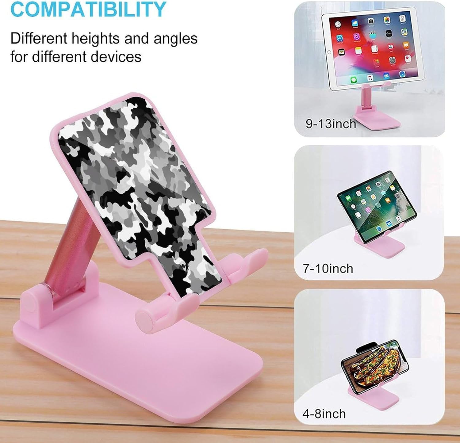 Black Grey White Camo Folding Cell Phone Stand for Desk image 3
