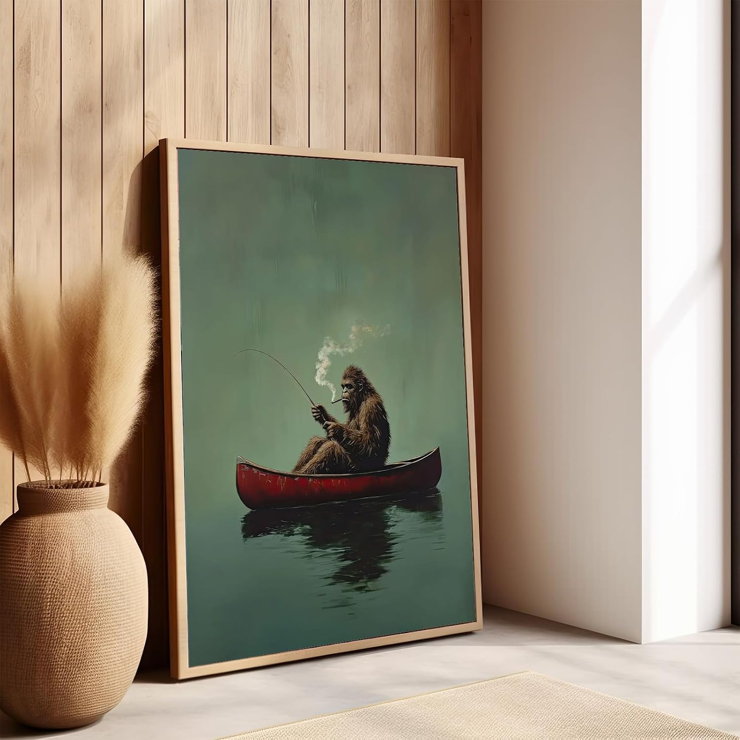 Sasquatch Canvas Wall Art Vintage Fishing Boat Wall Art Fun Bigfoot Painting In Red Canoe On Bigfoot Fishing Poster Canvas Living Room Bathroom Bedroom Print 16x24 Inch Unframed