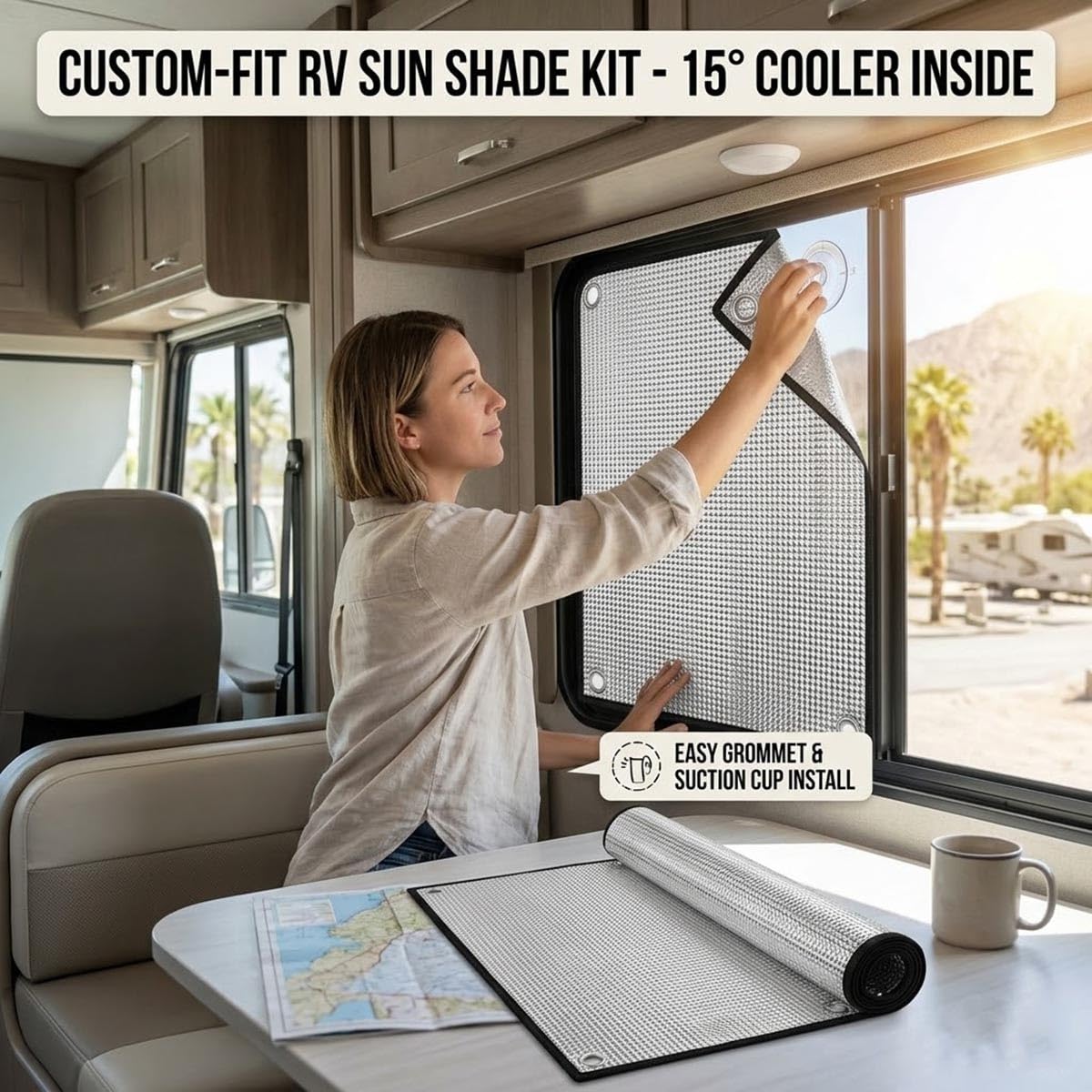 Aluminiumfolie Fensterfolie Mit Saugnäpfen, 8mm Verdunkelungsrollo Sonnenschutzfolie Fenster Innen Reflektierend Sichtschutz Thermo Für Schlafzimmer Wohnmobil Und Dachfenster(Schwarz,130x160(cm))