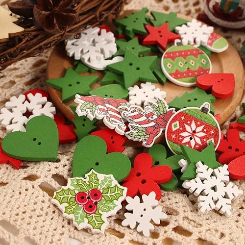 Miniatura 2 de 50100 botones navideños de madera mixta de 2 agujeros, botones de manualidades, decoración de Año Nuevo, accesorios de costura (50 unidadespaquete)
