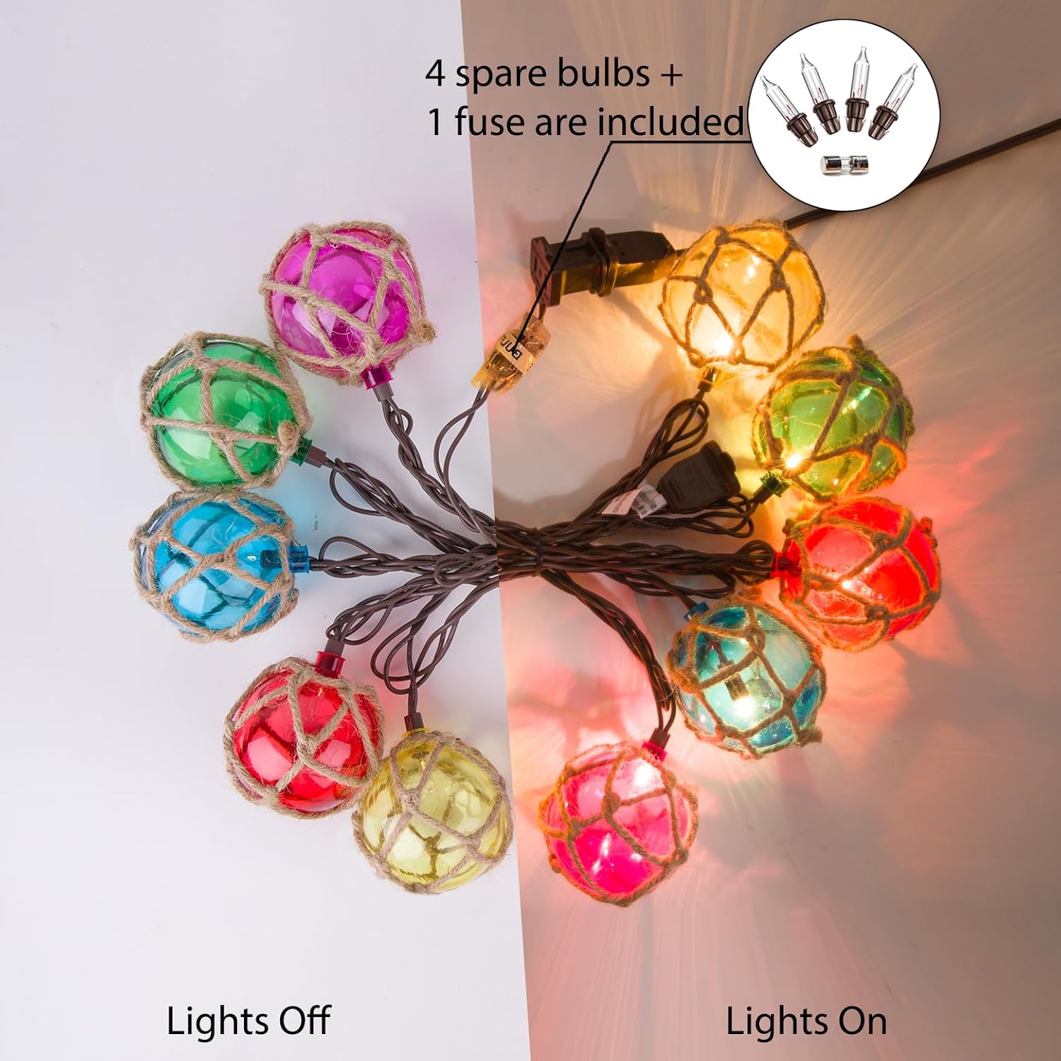 Decorative String Lights Plug in with 10 Incandescent Bulbs, Nautical Fishing Float String Lights Connectable Weatherproof for Indoor Home Tiki Bar Decor and Outdoor Patio Decorations (Multi-color)