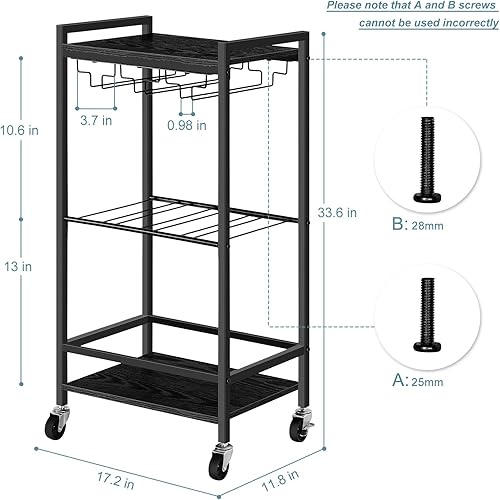 Miniatura 2 de BTY Carrito de bar pequeño de 3 niveles, carrito de servicio de bar móvil con estante para vino y soporte para vidrio, carrito de vino rodante para
