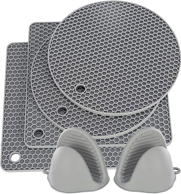 HAUSPROFI Silicone Trivet, 6pcs Extra Thick Table Mat with Premium Pot Holder, 18.5cm Heat Resistant Non-Slip Hot Pot Pads and Oven Mitt for Kitchen Cooking Dining Microwave, Square and Round, Grey