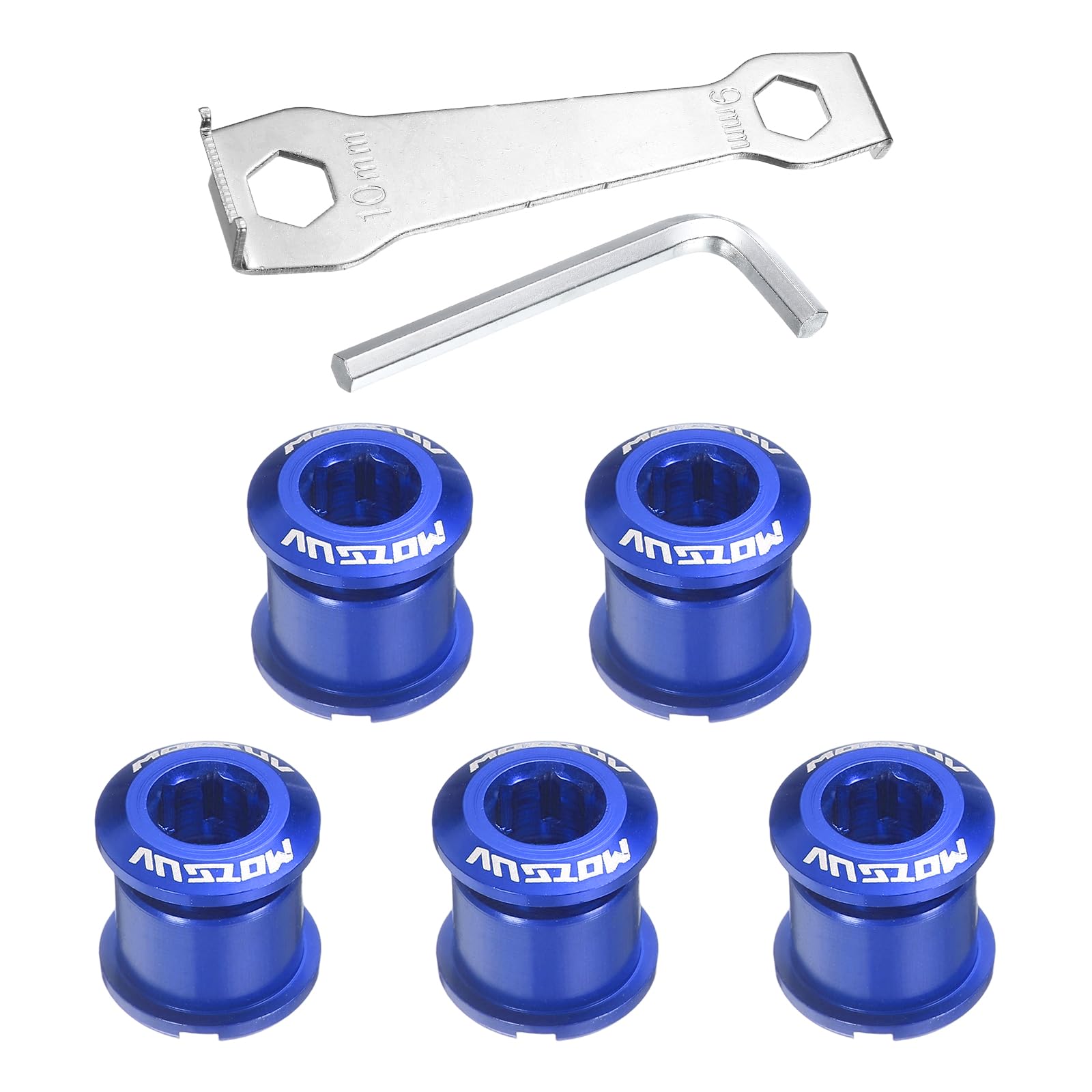 sourcing map 5pcs Double Chain Ring Bolts M8 Aluminum Alloy Bicycle Crankset Nut Chainwheel Screws with Mountain Wrenches for Road Bike Mountain Bike, Blue