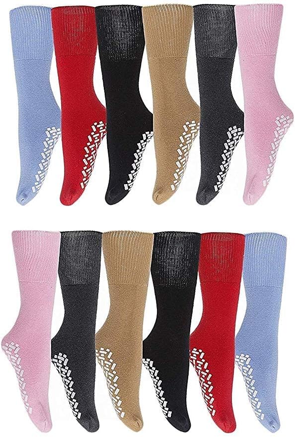 Womens Non-Slip Medical Non-Binding Socks, Cotton With Rubber Gripper Bottom, Assorted Colors, Size 9-11