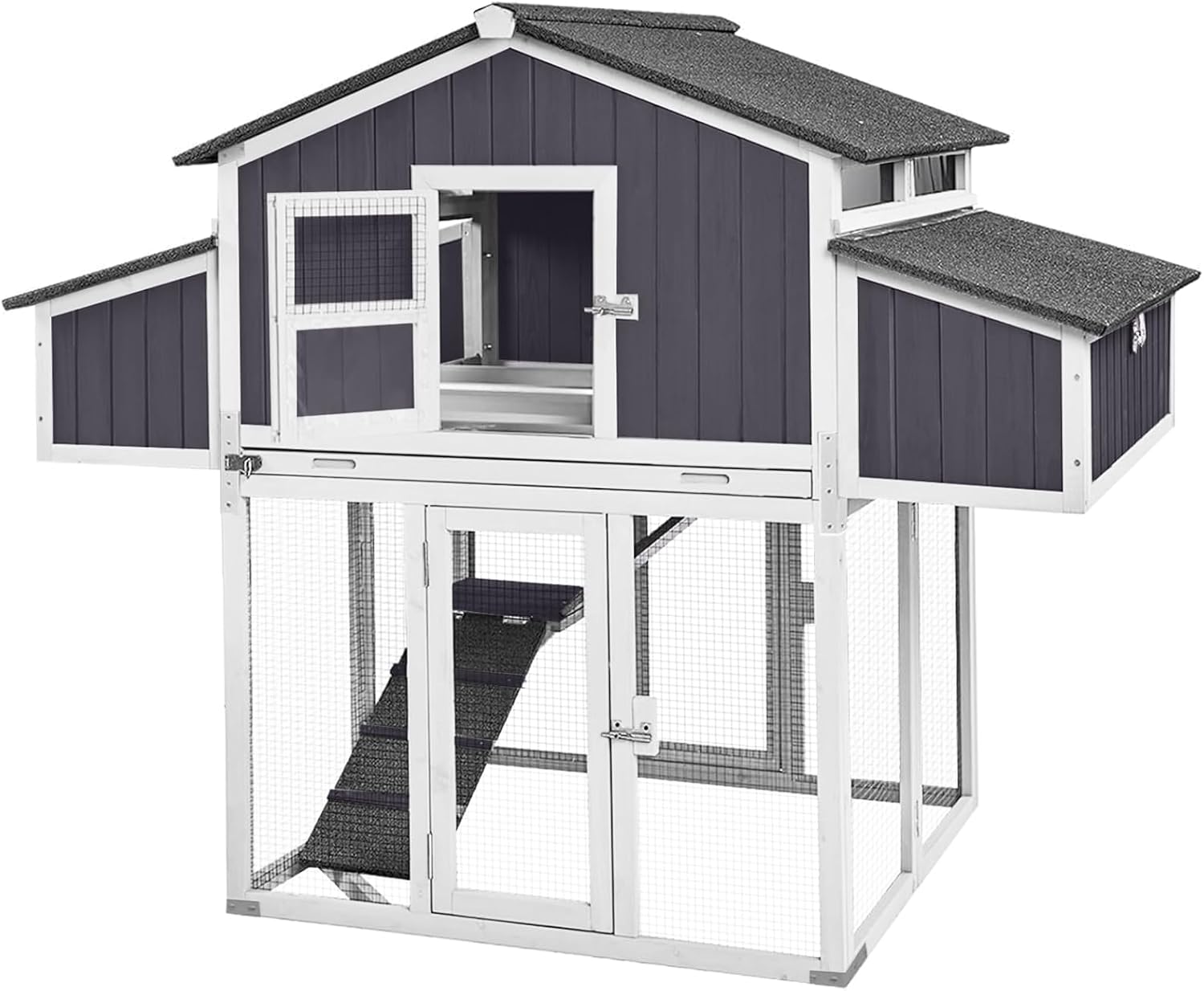 Large Wooden Foldable Chicken Coop with Nesting Boxes, Two-Tier Outdoor Poultry Cage with Run, PVC-Covered Nest Box & Easy-Clean Tray, Predator-Proof for 4–6 Chickens (Black and White)