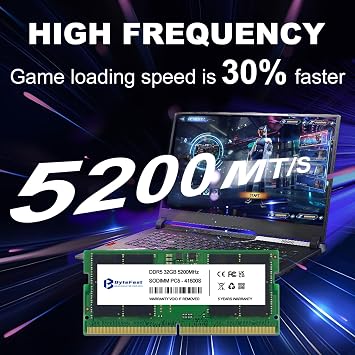 DDR5 RAM 64GB Kit (2x 32GB) 5200MHz SODIMM PC5-41600 CL42 1.1V 262-Pin Laptop RAM Memory