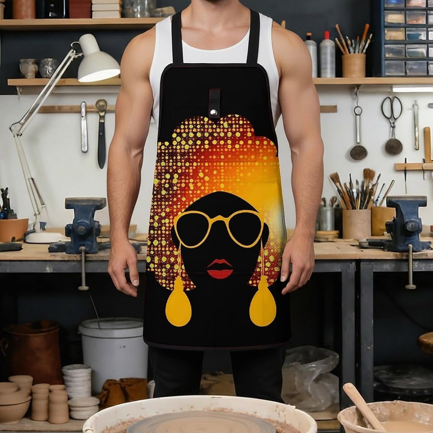 Cute African Woman Tool Apron for Men Women Fully-Adjustable Work Apron with 8 Tool Pockets Heavy Duty Workshop Bib Aprons for Carpenter Woodworker Blacksmith Welder Cobbler Butcher image 4