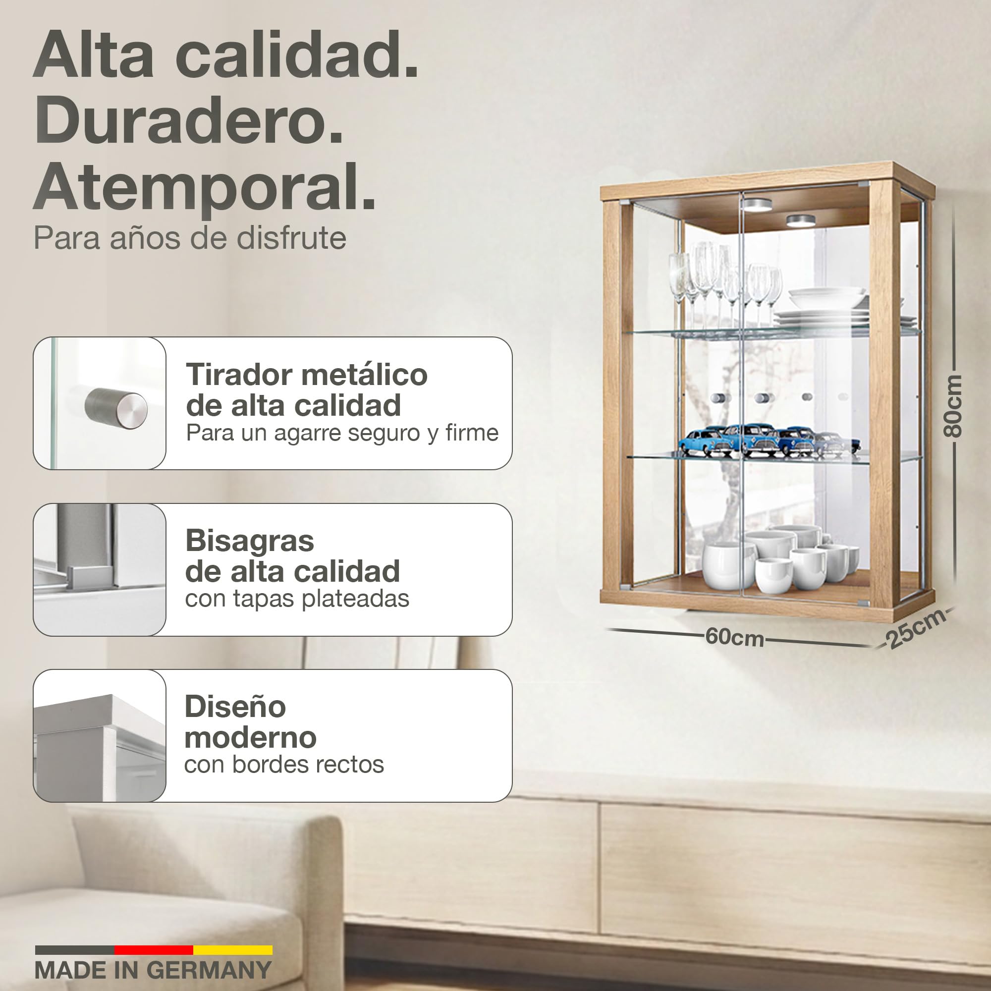 Vitrina de Cristal en Roble de Sonoma (80x60x25 cm) con 2 estantes de Cristal Ajustables en Altura, Espejo y LED - Vitrina para maquetas de Coches (Haya, 80x60x25 cm)