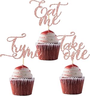 Four Ever Sweet 12Pcs Eat Me Try Me Take One Cupcake Toppers - Baby Shower Wonderland Theme Decorations - Kids Birthday Baby Shower Decor Sign Rose Gold