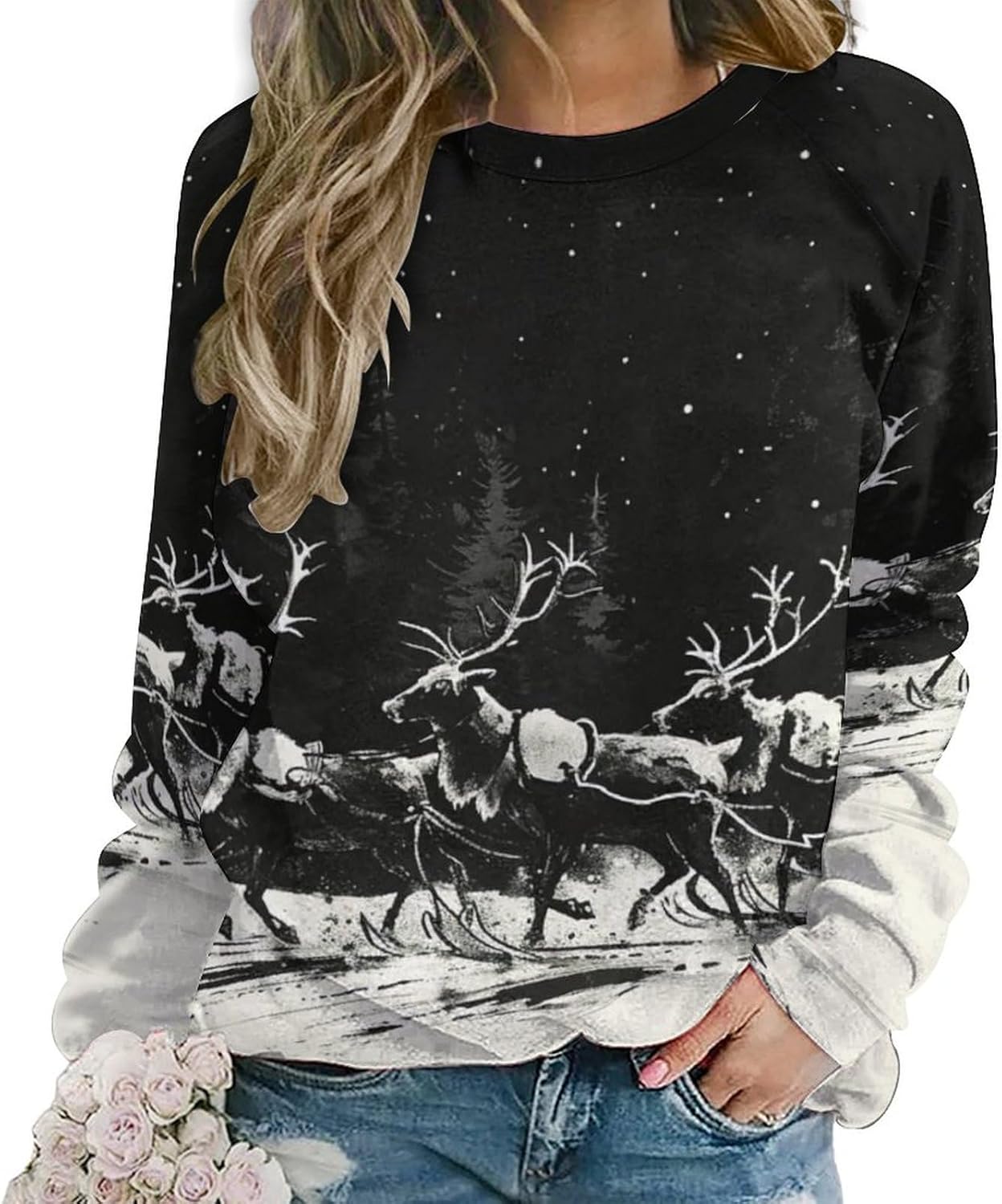ZOCAVIA Womens Moose Forest Sweatshirts Fall Fashion Long Sleeve Crewneck Pullover Tops Vintage Deer Graphic Shirts Oversized
