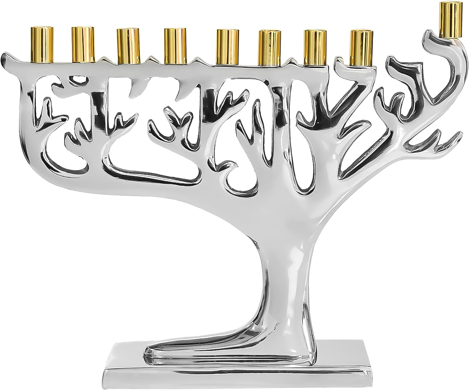 Ner Mitzvah Tree of Life Hanukkah Menorah, Fits All Standard Chanukah Candles, Modern Chrome Candle Menorahs for Chanukah - Silver with Gold Tips