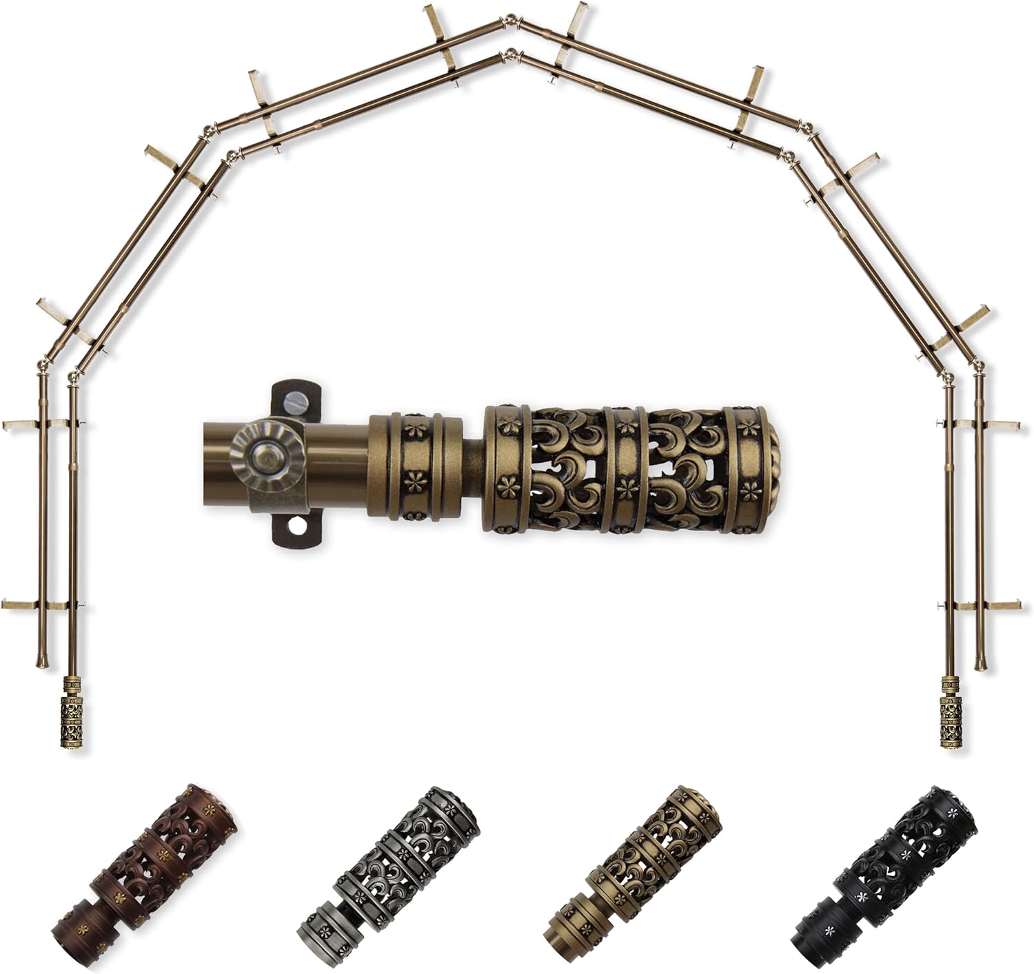 A&F Rod Décor - Carousel 13/16" 6-Sided Double Bay Window Curtain Rod - Antique Brass