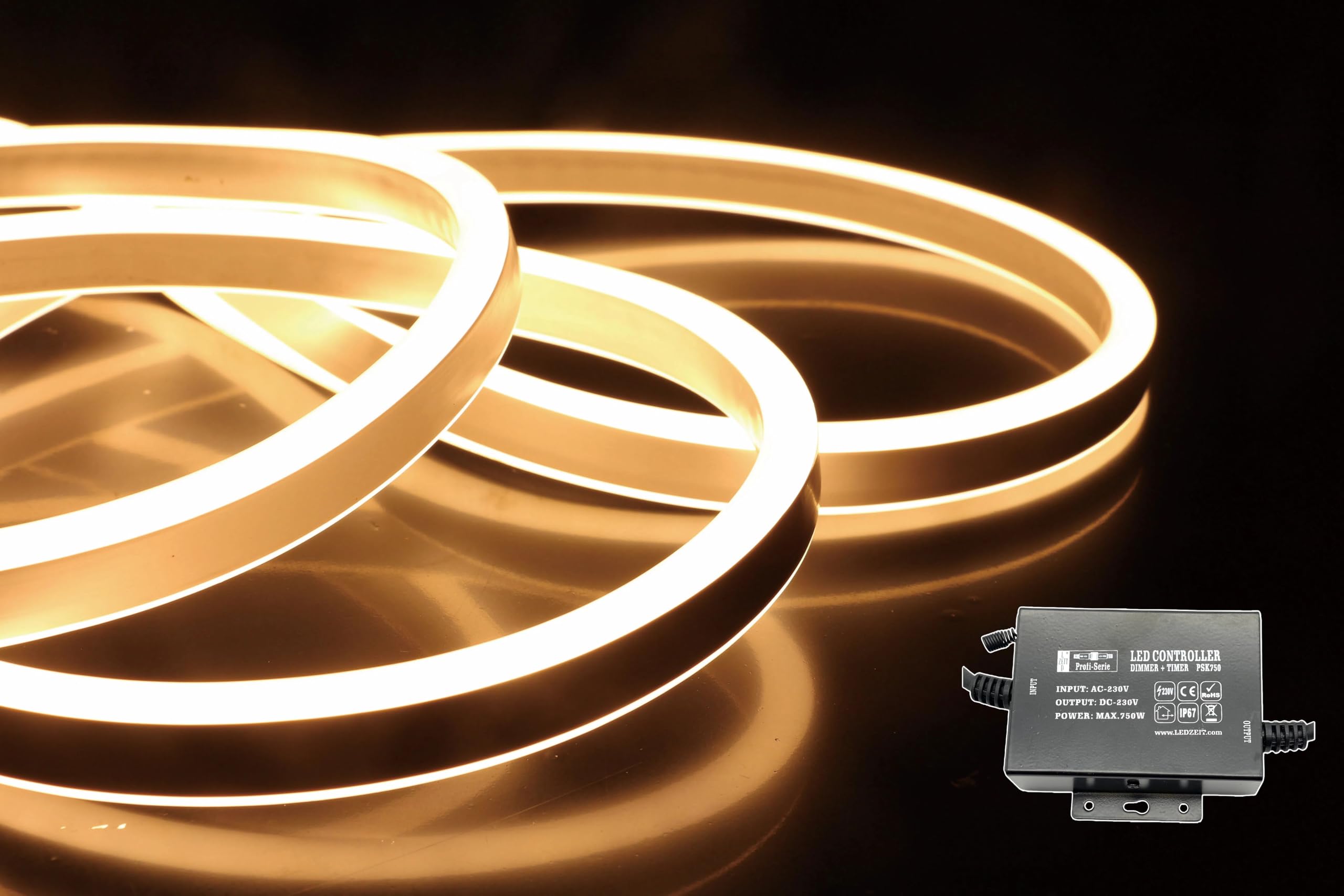Profi Serie - LED Neon Flex 10M und Kontroller PSK750 Set, 230V, Warmweiß, Außen und Innen, Wasserdicht IP65, Dimmbar, Kürzbar