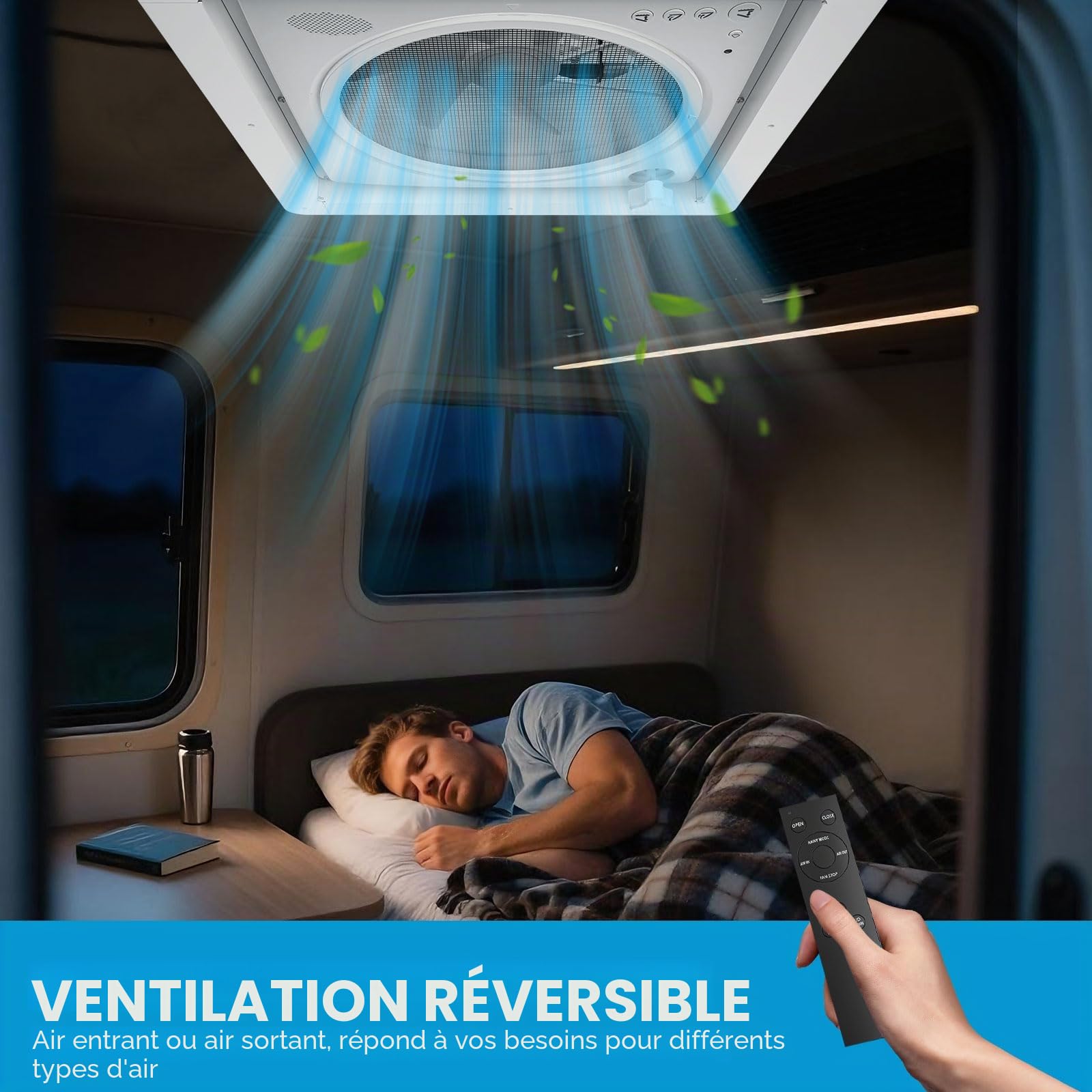 2012 Ventilateur de Toit 12V(24V Max) pour Camping-Car, Lanterneau 400 mm avec Télécommande, Flux d'Air Réversible, Ventilation Ultra Silencieuse, Couvercle Transparent Anti-UV