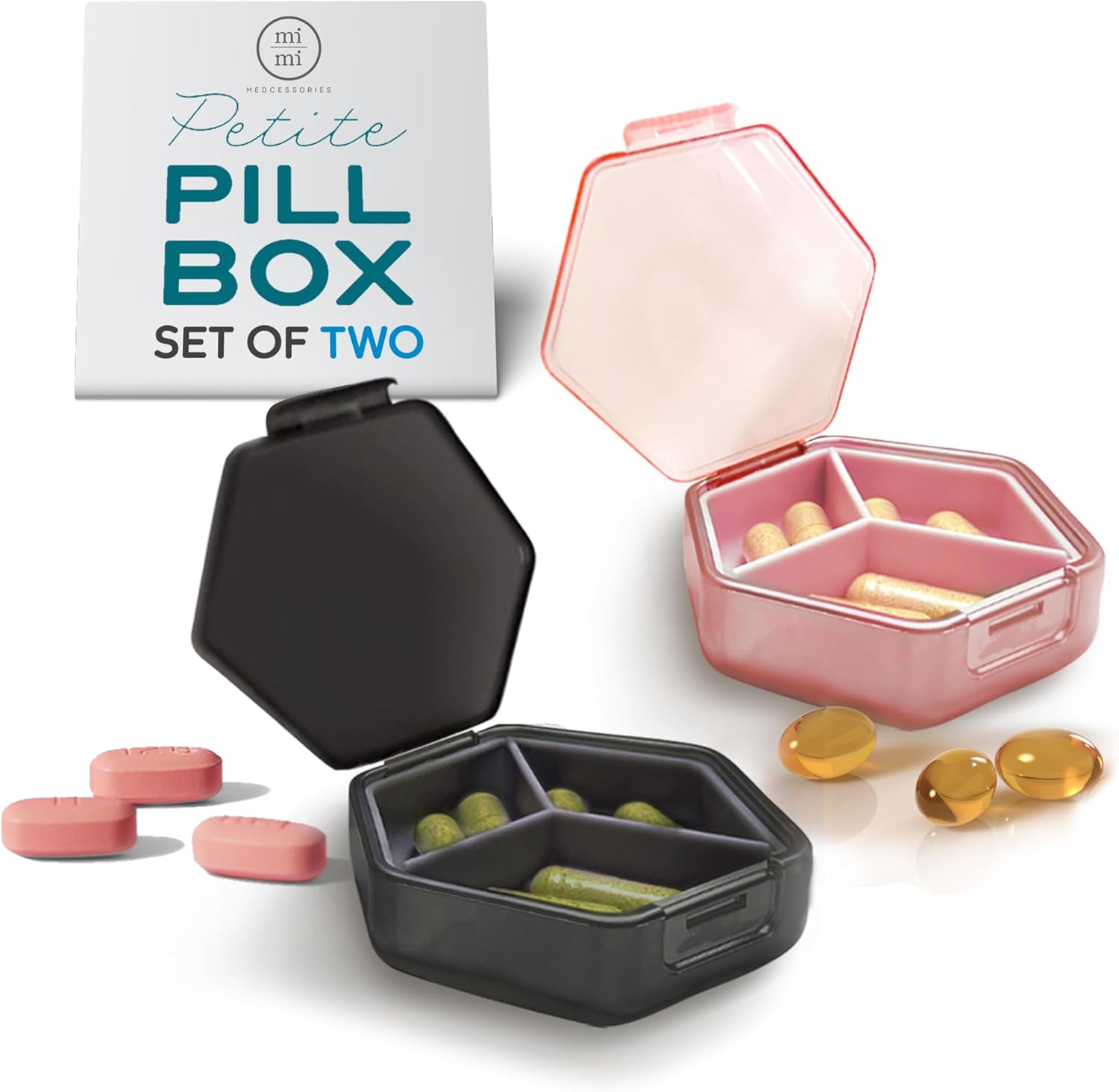 Mimi Medcessories Petite Pill Box Set - Stylish Compact Daily Pill Organizer, Medication Pill Case, Pill Container for Vitamin Management, Travel Essentials for Women/Men - Set of 2, Blanc & Platinum