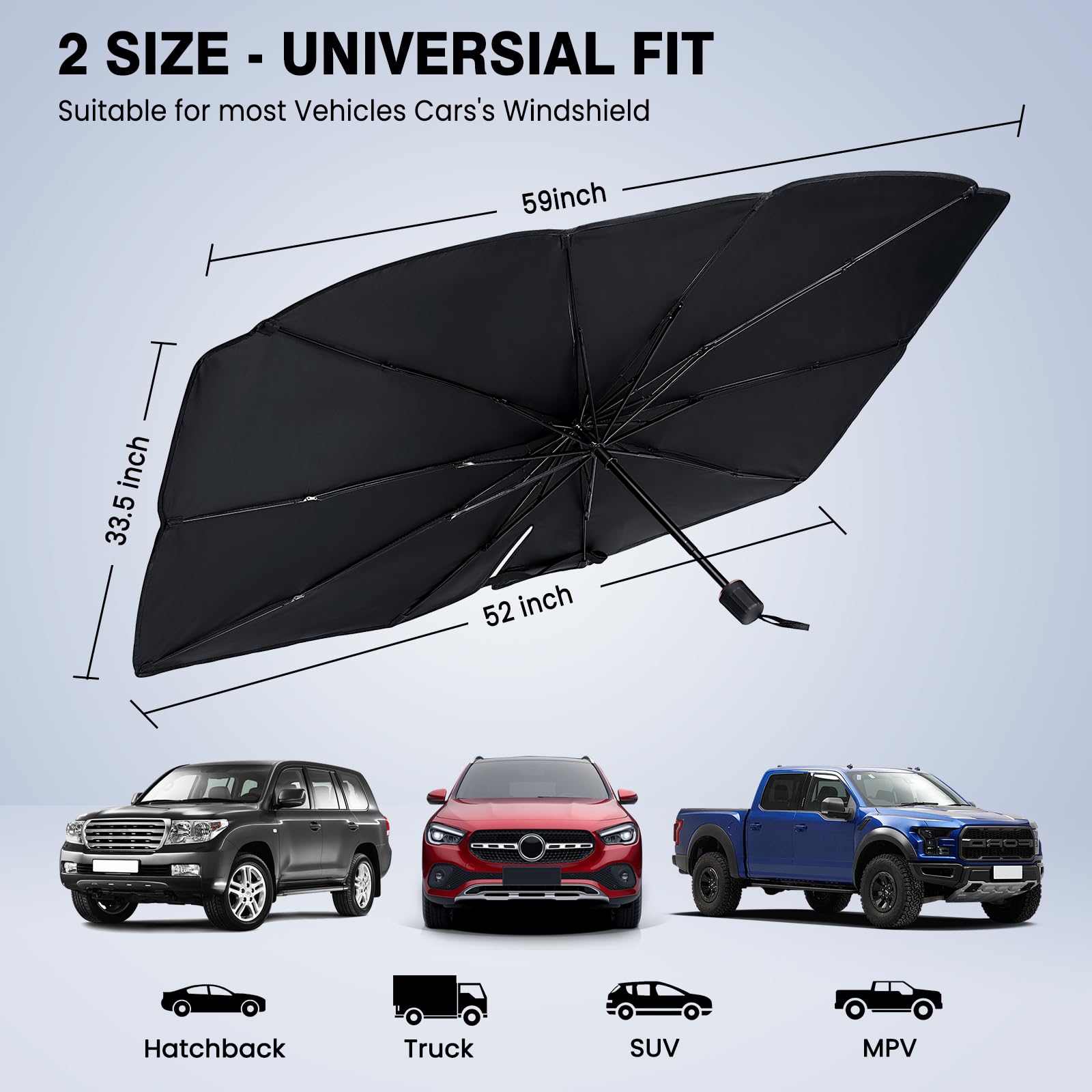 Parasol plegable para parabrisas de coche, parasol para ventana delantera para Hatchback, camión, SUV, MPV (59 x 33.5 pulgadas)