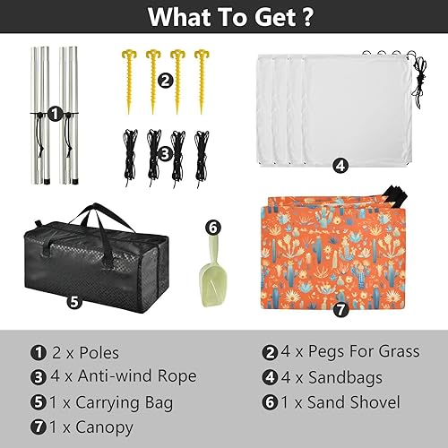 Miniatura 4 de Cacti Orange Foldable Beach Canopy UPF50+ Waterproof Outdoor Sun Shade with Sand Shovel, Sandbags for Family Trips, Picnics & Camping