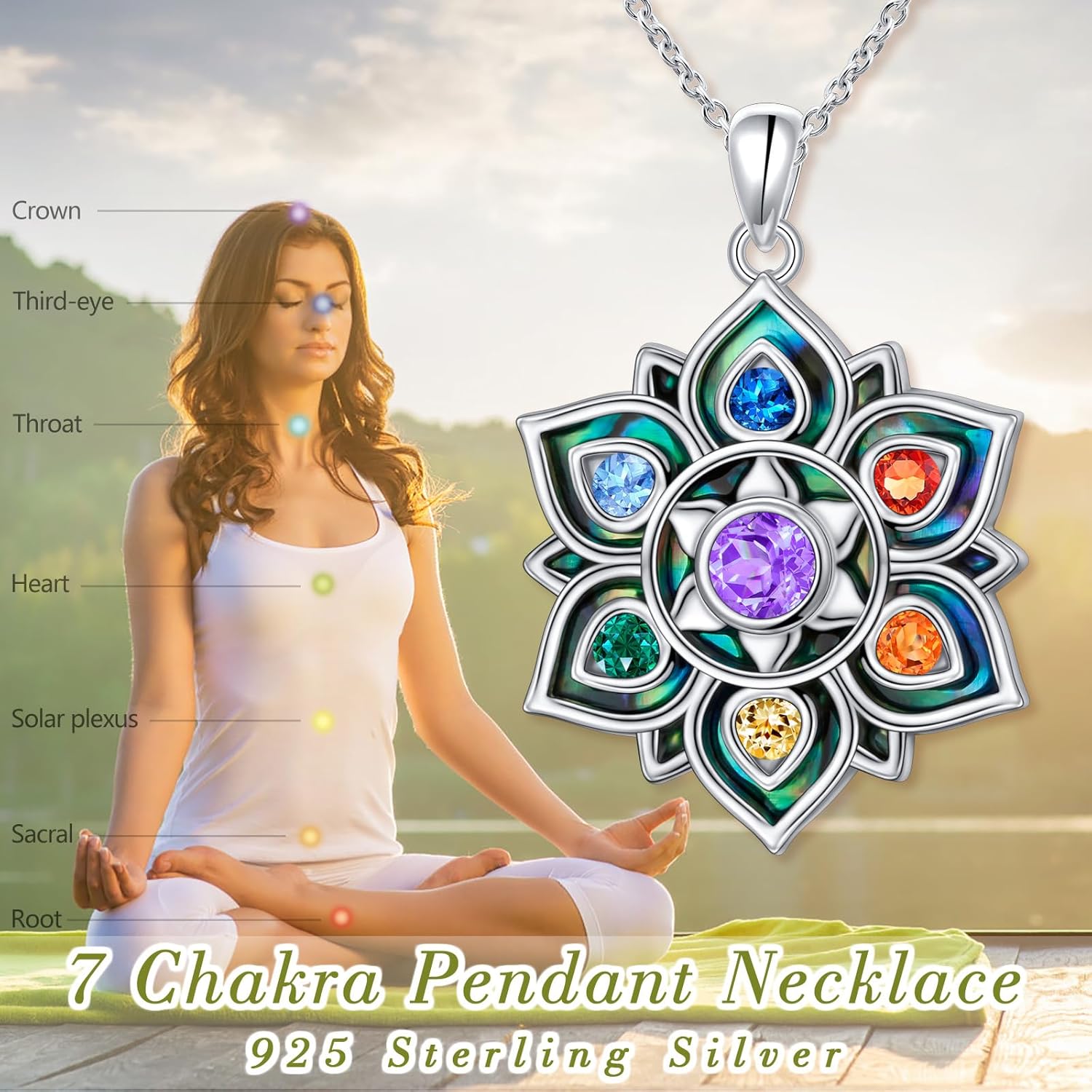 FLYOW 7 Chakra Necklace 925 Sterling Silver Lotus Flower Rainbow Stones Yoga Chakra Energy Balance Pendant Jewelry Christmas Gifts for Women Spiritual Healing - Image 3