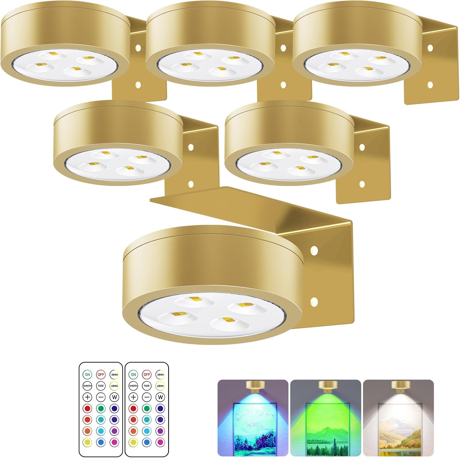 Battery-Powered Picture Lights with Remote Control, Magnetic LED Art Lights for Framing, Dimmable and Timer-Equipped, RGB Lighting Modesattery Operated Painting Light6Pack Gold