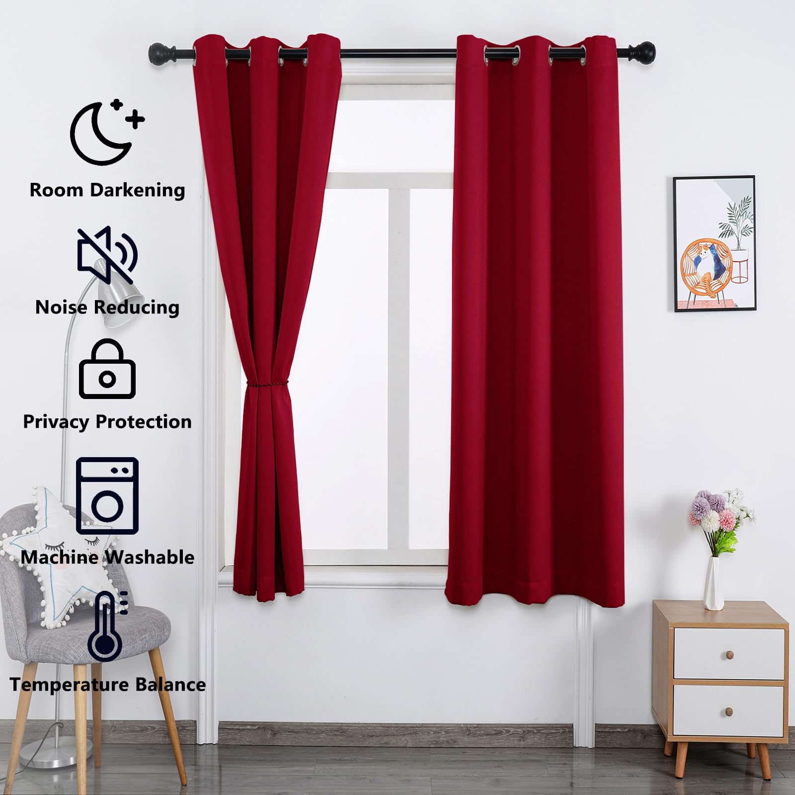Cortinas opacas rojas de 200 x 180 cm, separador de habitación con ojales, cortinas de privacidad insonorizadas, 1 panel, tela pesada, ideal para dormitorio, sala de estar, cine en casa