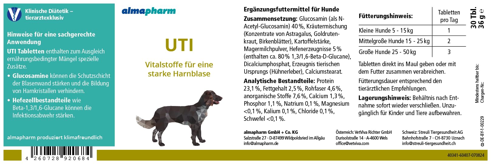 almapharm UTI | 30 Tabletten | Ergänzungsfuttermittel für Hunde | Kann zur Unterstützung der Harnblasenfunktion beitragen | Zur Verhinderung der Bildung von Harnkristallen