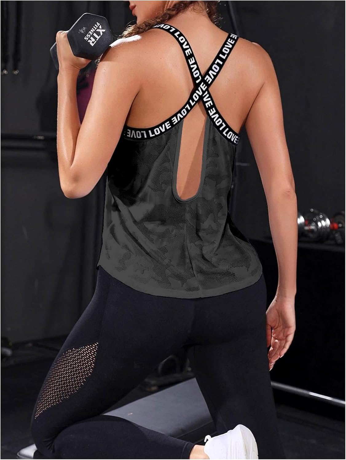 OYOANGLE Women's Camo Print Criss Cross Backless Sports Tank Tops Scoop Neck Workout Sleeveless Athletic Shirts - Image 4