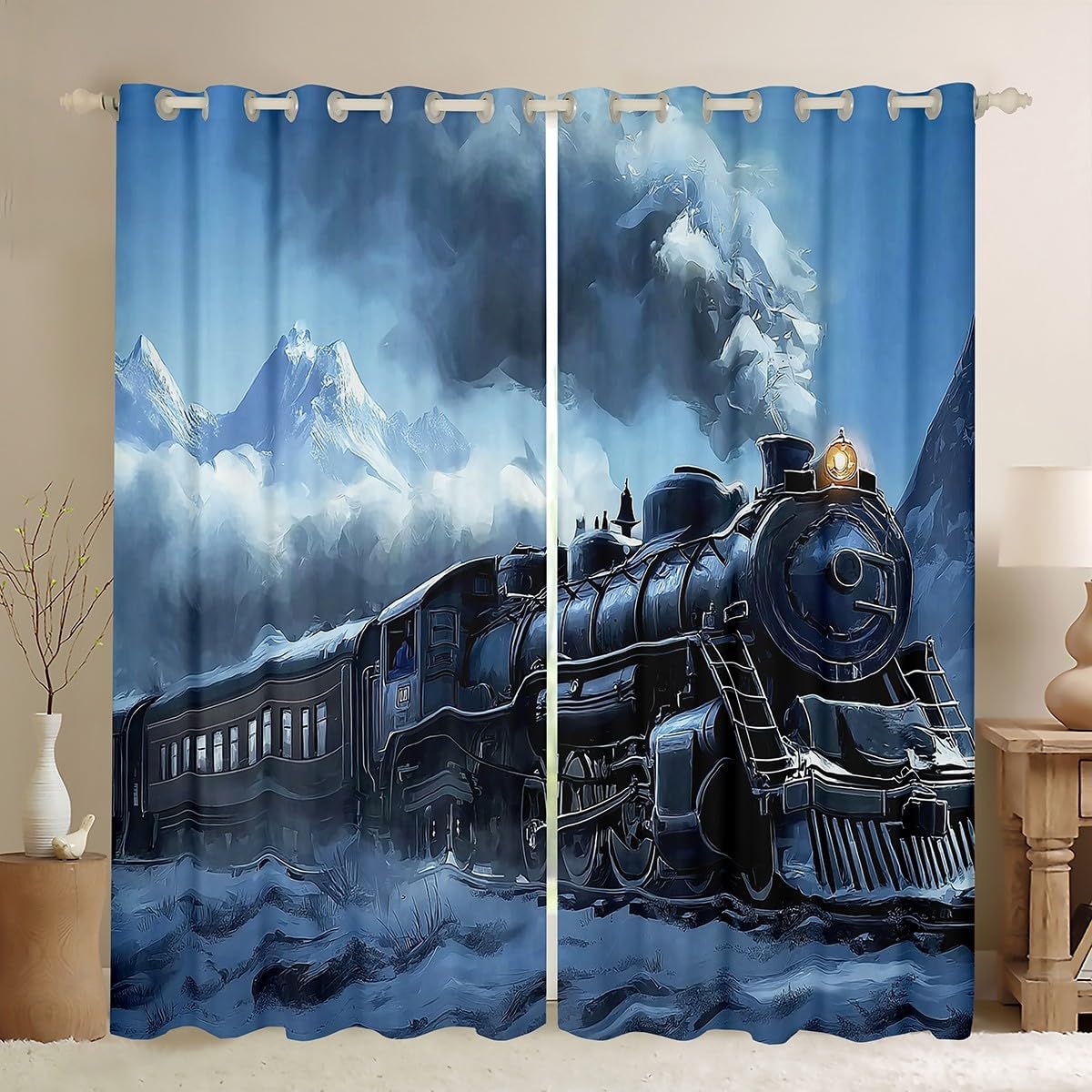 Erosebridal Kids Train Curtains Drapes,Vintage Steam Train Curtains for Boys Men,Snow Mountain Scene Curtains Transportation Vehicle Window Curtains 2 Panels 38" Wx45 L for Bedroom Living Room