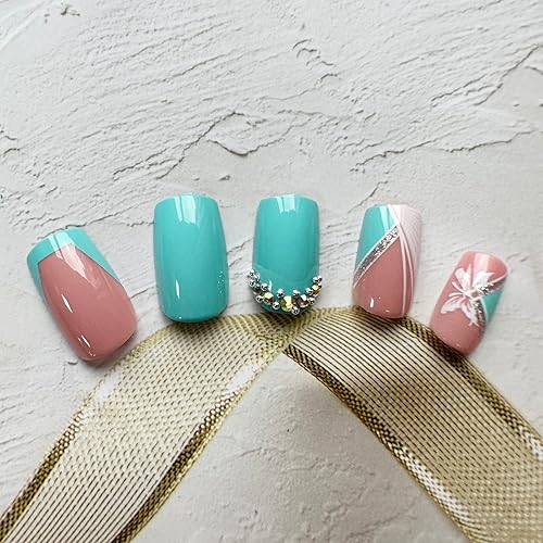 Miniatura 5 de Uñas postizas cuadradas medianas con punta francesa, uñas con pegamento, uñas postizas azul-verde con diseños de mariposas, uñas acrílicas de