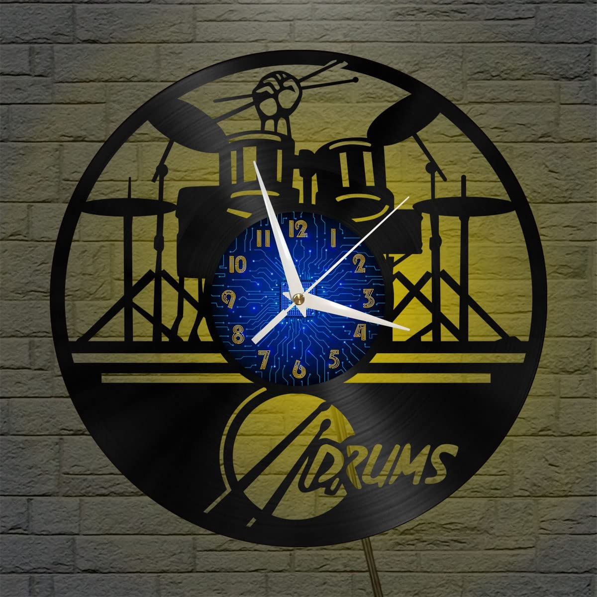 Horloge murale vinyle drum kit art noir 12 pouces avec veilleuse LED