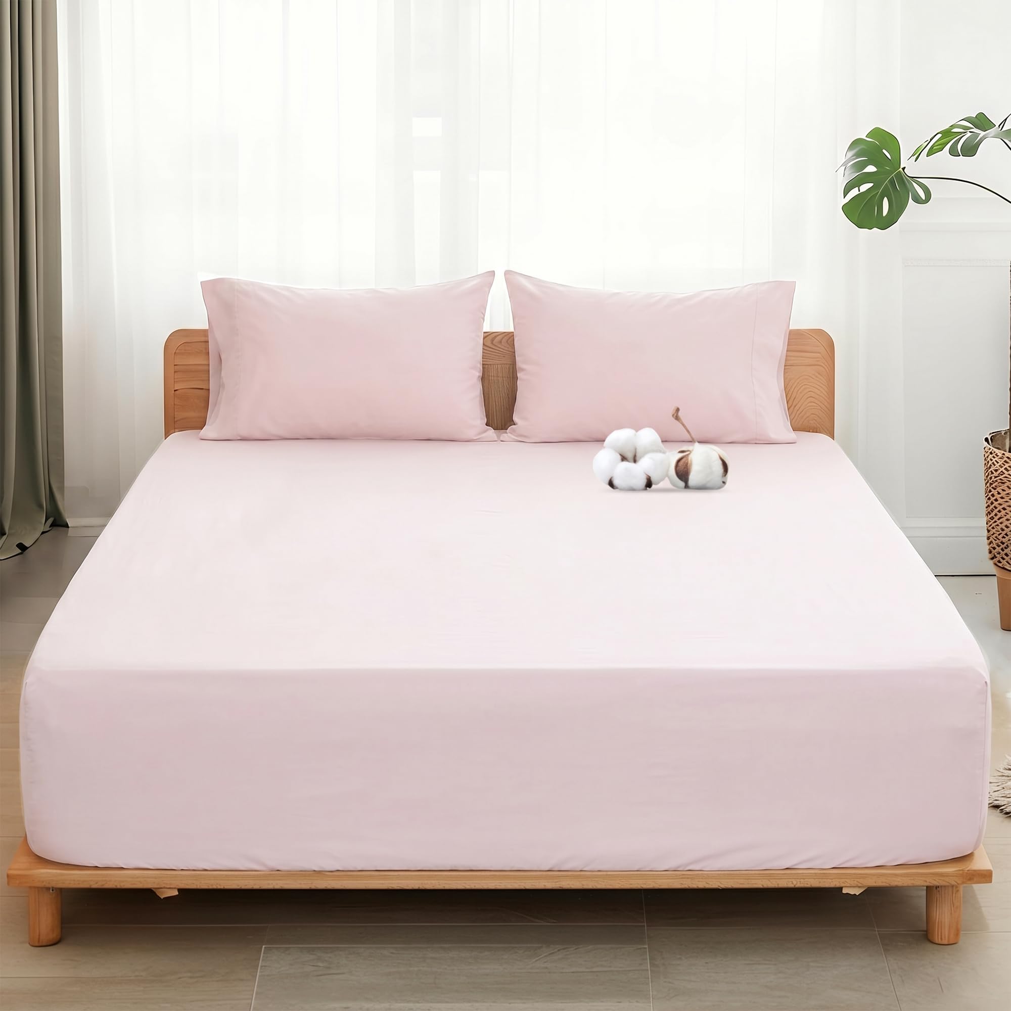Sylvanora 100% Egyptian Cotton Fitted Sheet - 25cm Extra Deep Pocket with 4 Elastic Corner Straps - Breathable & Comfortable Single Bed Sheet (90x190cm) - Luxury Hotel Quality (Light Pink, Single)