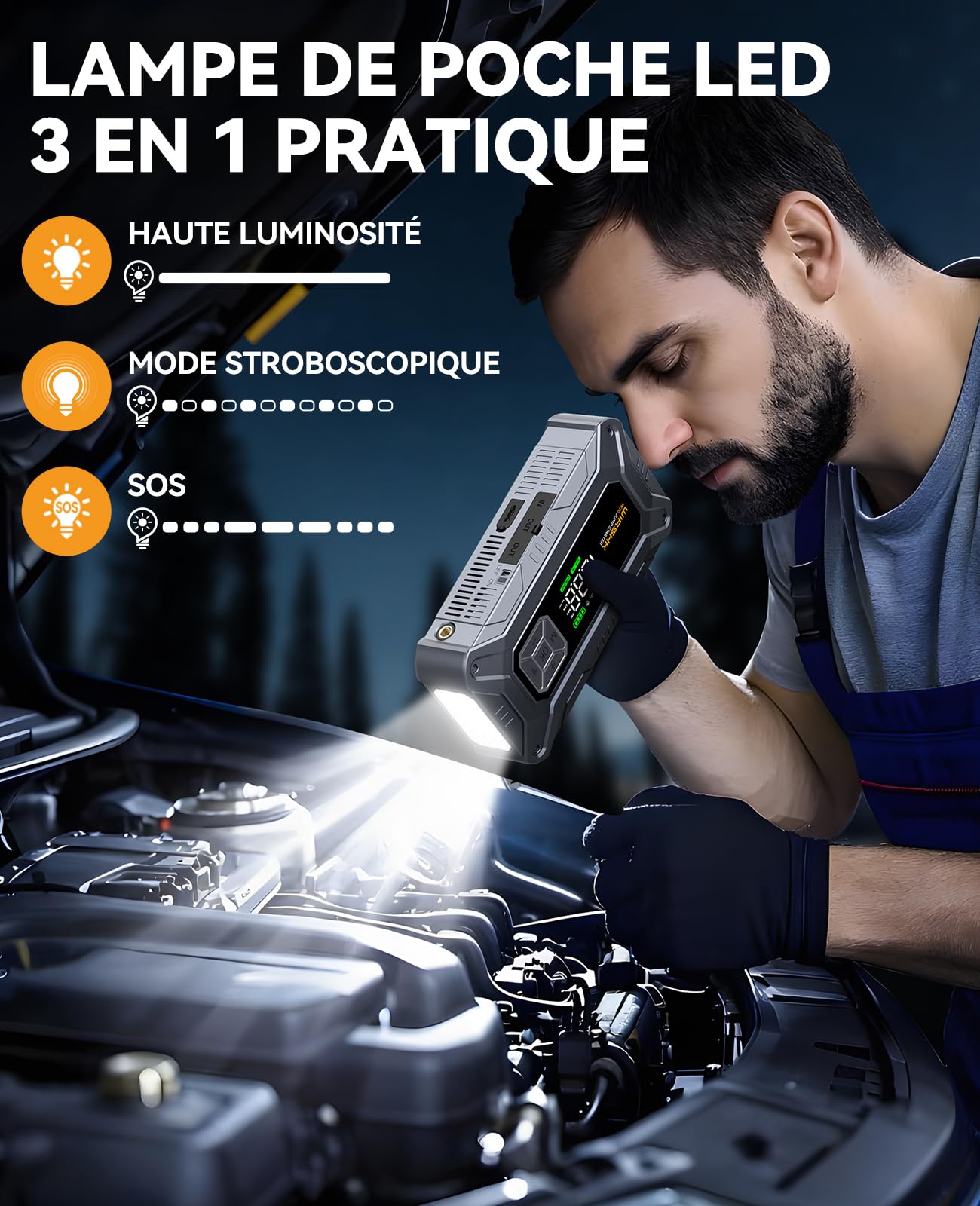 Booster Batterie Voiture 8000A avec Gonfleur Pneus 160PSI - Démarreur de Batterie - Compresseur Voiture - pour Moteurs Essence & Diesel jusqu'à 10L - Affichage LCD & LED de Secours | Pour tous les moteurs à essence et diesel de 10 l, 27 000 mAh, câble de