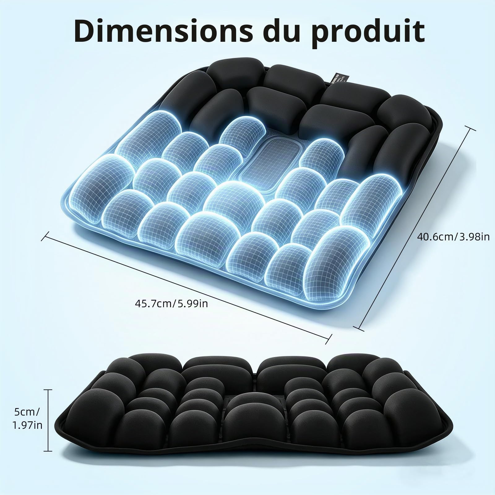 3D Coussin Antiescarres Gonflable – Coussin Coccyx Ergonomique pour Soulager Douleurs Dorsales & Hémorroïdes – Siège Auto Gonflable pour Bureau, Fauteuil Roulant, Voyage – Noir (45x40cm)