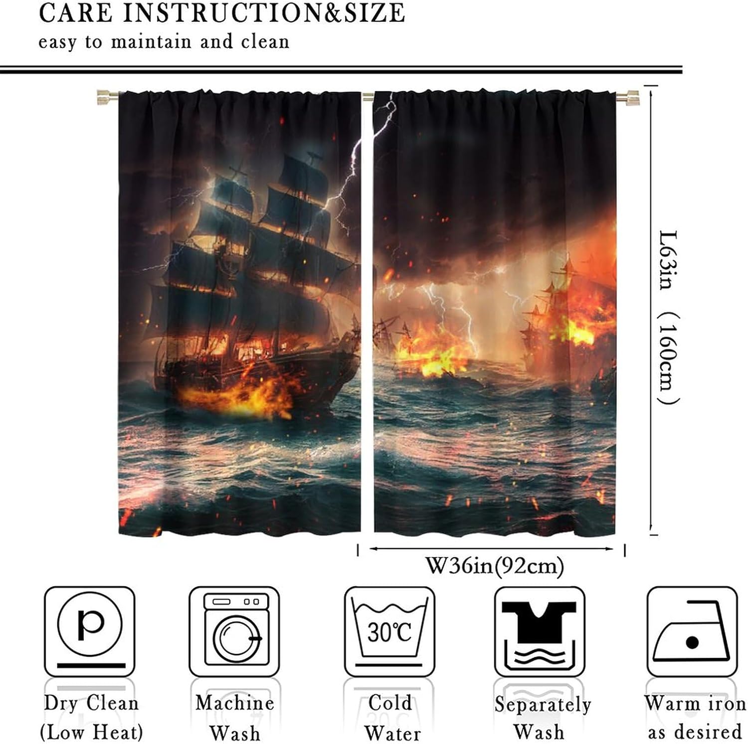 Fantasy Nautical Pirate Ship Blackout Curtains,Oil Painting Vintage Ancient Coastal Burning Pirate Ship Waves Room Darkening Window Curtains with Rod Pocket - 2 Panels 63" L x 36" W