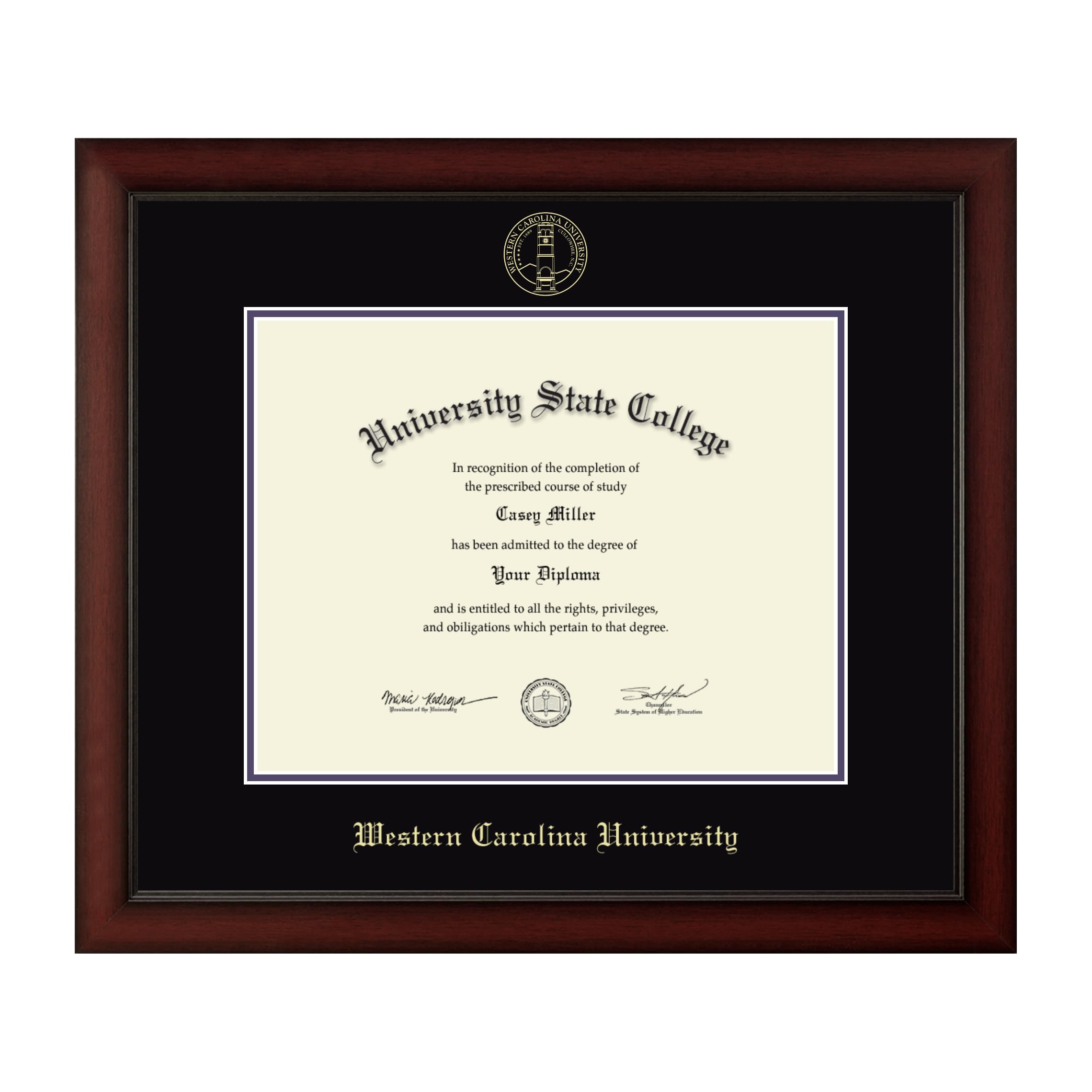 Framerly - Western Carolina University 14" w x 11" h Diploma Frame - Fits a master's and phd - Gold Embossed Diploma Frame - Cherry Moulding with