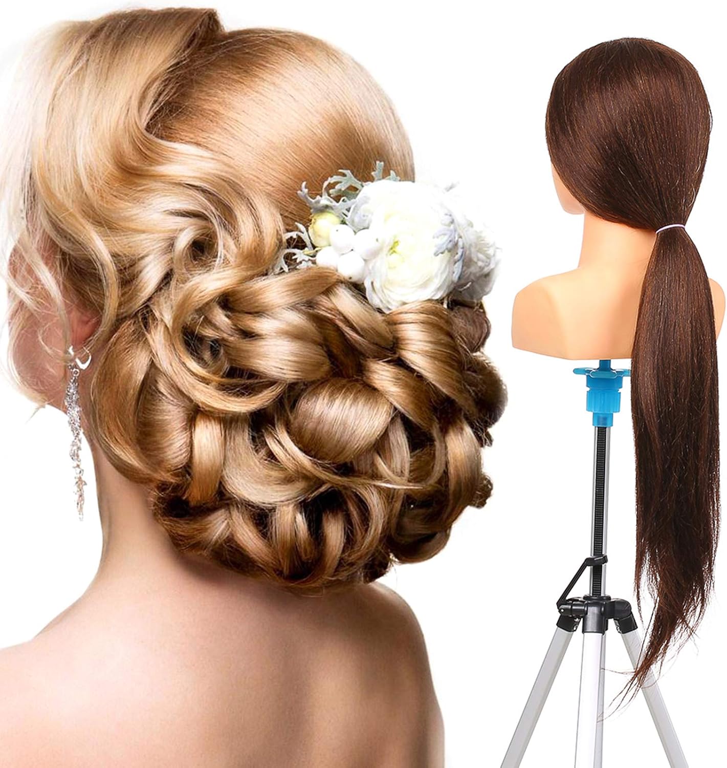 HUIOP 70% Human Hair Mannequin Head for Braiding Manikin Head for Hairdresser Professional Cosmetology Dummy Head
