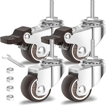 HOLKIE Swivel Castors for Furniture 25 mm Furniture Castors Small Rubber Castors Transport Castors with Brakes M6-1 x 20 mm Stem Diameter 6 mm Stem Length 20 mm Total Load Capacity 40 kg 2 with Brakes and 2 Without