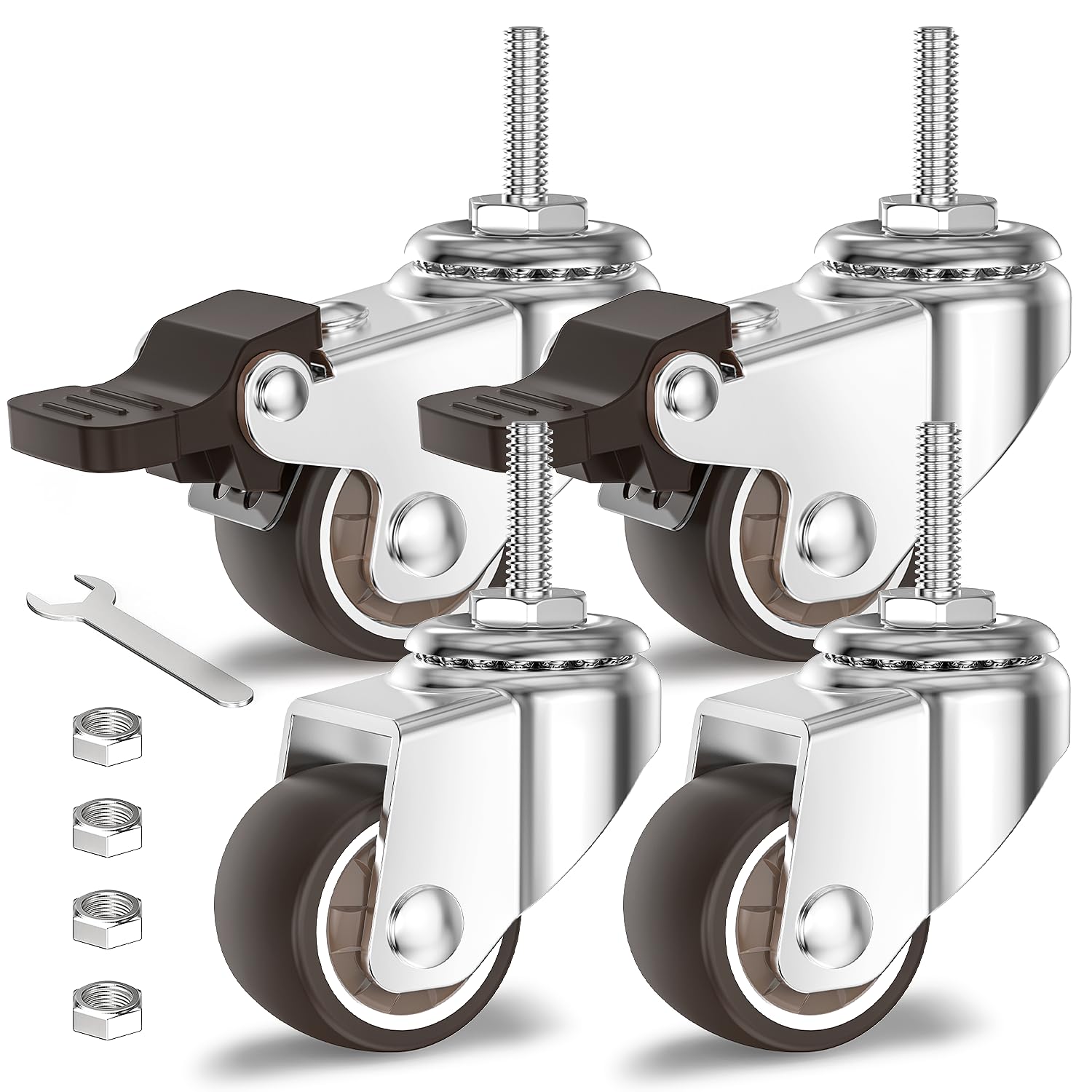 HOLKIE Set di 4 Rotelle per Mobili 25mm, Ruote Girevoli Piccole con Freno, Ruote di Ricambio Silenziose per Carrello e Tavoli, Perno Filettato M6x20mm, Capacità 40kg