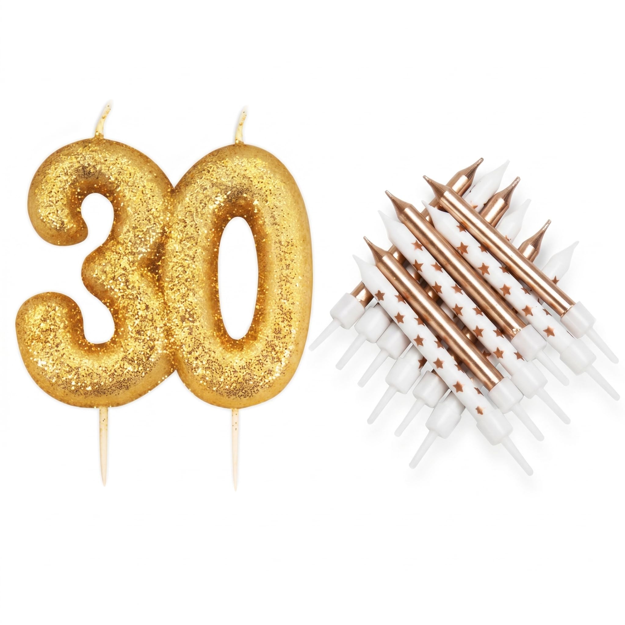 Age 30 Glitter Candle Set - Gold Numeral Birthday Candle with Metallic Star Candles & Holders - Cake Topper Decoration Kit for 30th Birthday Party - AMZ025