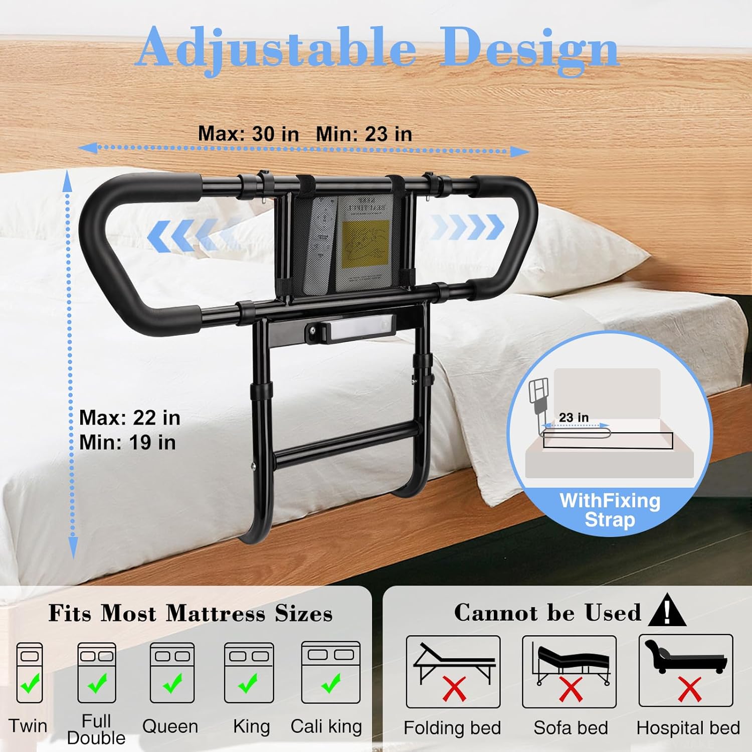 Bed Rails for Elderly Adults Safety: Adjustable Bedside Assist Rails with Storage Pockets, Non-Slip Handles, Items for Elderly Bed Rail, 400LB Gravity Capacity Black