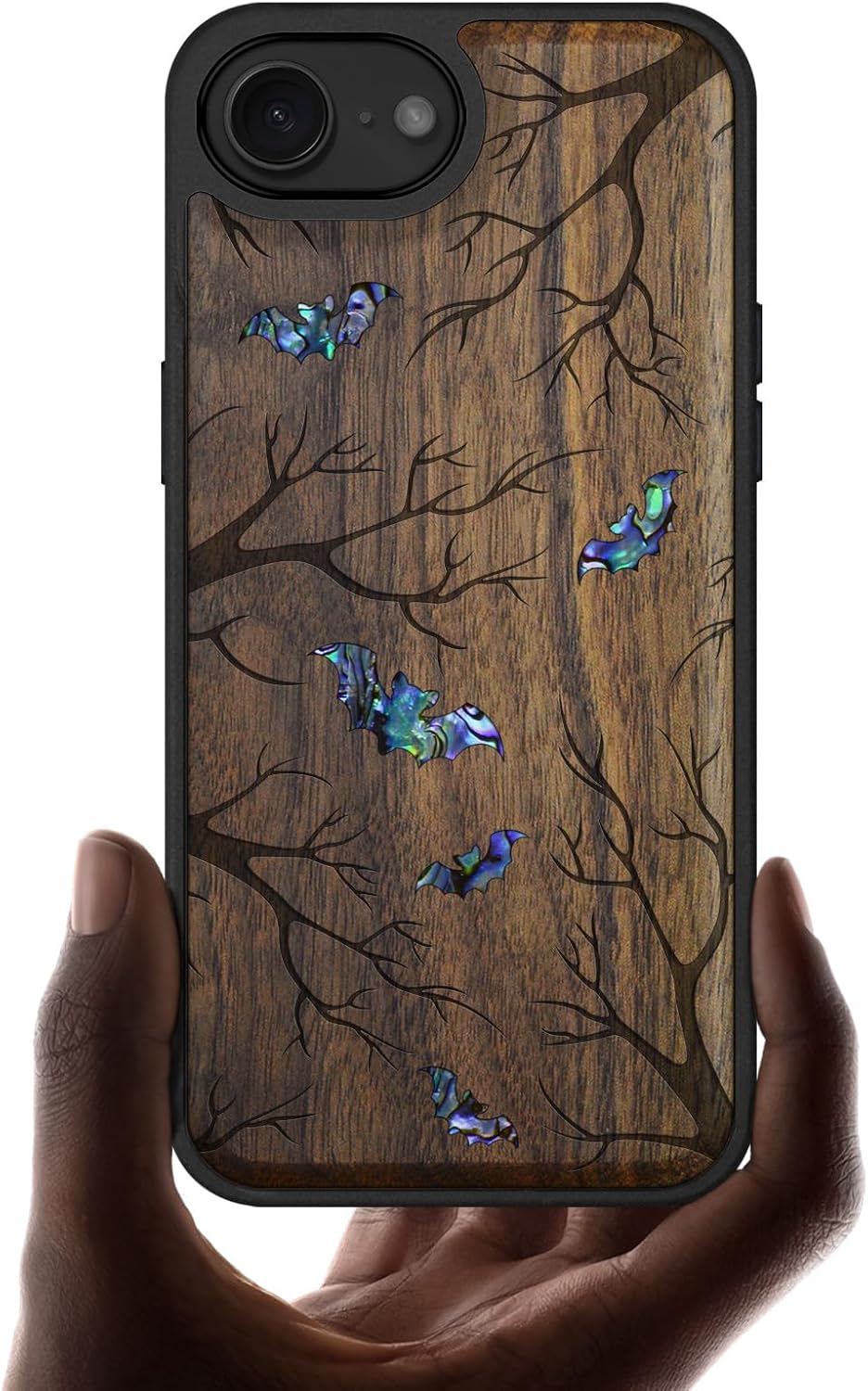 Carveit Magnetic Wooden Case for iPhone 16e / 17e, Wood Artisan Engraved & Handmade Shell Inlaid, TPU Shockproof Cover, Compatible with MagSafe Wireless Chargers, Phoenix in Symmetry - Blackwood